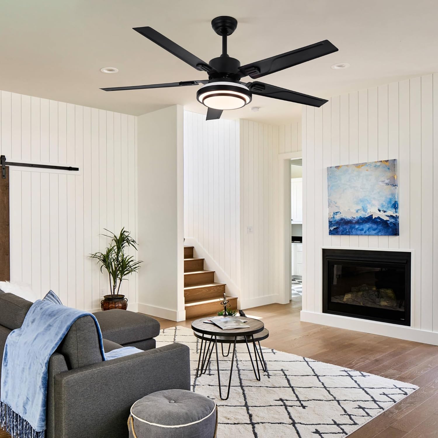 Black Ceiling Fan with Lights and Remote Control, 3-Color LED Metal Ceiling Fan Light, Quiet Motor, 5 Blades Modern Ceiling Fan for Indoor (Black, 52 Inch)