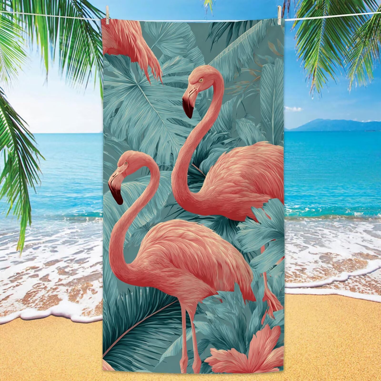 Ręcznik plażowy z flamingiem, mikrofibra 100 x 220 cm, turkusowy, 2 sztuki, szybkoschnący, ultra cienki, kompaktowy, z torbą, dla kobiet i mężczyzn, na kemping, fitness, urlop YJ-1025