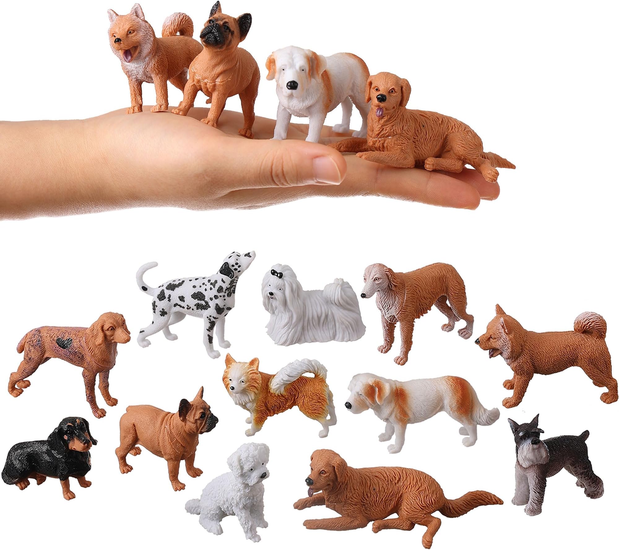 Dog Figures for Kids, 12pcs Plastic Realistic Hollow Puppy Figurines, Small Dog Cake Topper, Learning Educational Toys for Christmas Birthday Gift