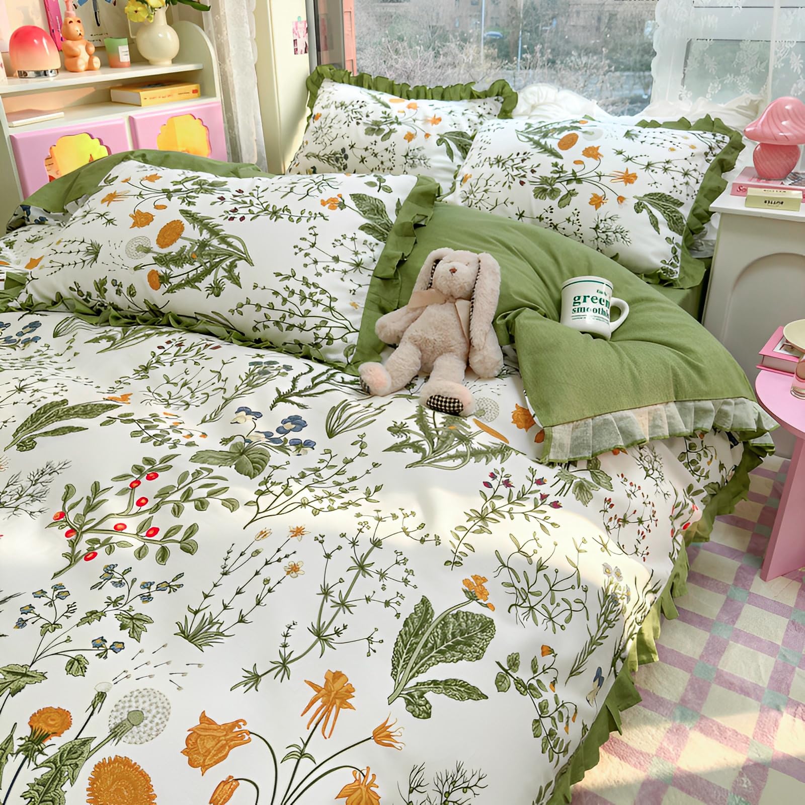Twin XL Comforter Set Pieces Cute Flower Botanical Comforter Set with  Chic Ruffles Aesthetic Green Floral Comforter with Pillowcases Romantic