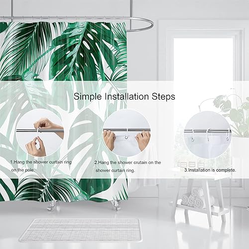 Miniatura 4 de Cortina de ducha con diseño de plantas tropicales, juego de cortinas de ducha botánicas con hojas verdes, cortinas de ducha Monstera para baño, tela