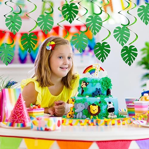 Miniatura 4 de Ireer 64 piezas hawaianas Luau para fiesta, hojas de palmera, remolinos, colgantes, hojas con purpurina, hojas verdes, tropicales, safari, selva,
