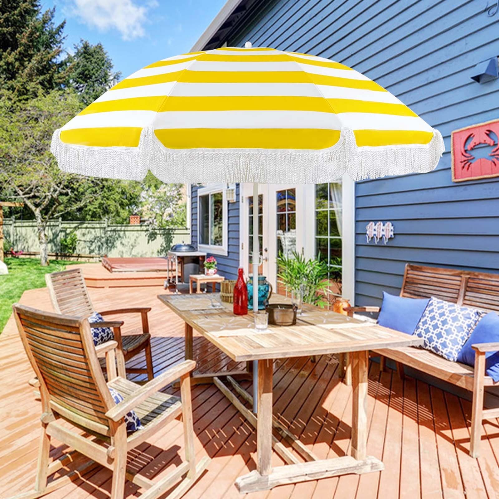 Parasol Inclinable Balcon Ronde Parasol Vintage À Franges sans Base Parasol De Terrasse Exterieur Hauteur Réglable Parasol Plage Anti Vent Etanche Parasol De Jardin Démontable