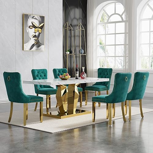 Miniatura 16 de Juego de 5 mesas de comedor de mármol sintético, juego de mesa de cocina y comedor para 4, mesa de comedor rectangular blanca de 70 pulgadas con