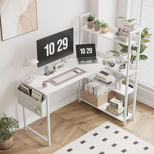Miniatura 8 de Treesland Escritorio para computadora de 47 pulgadas con estantería, escritorio de esquina con almacenamiento, escritorio en forma de L, escritorios