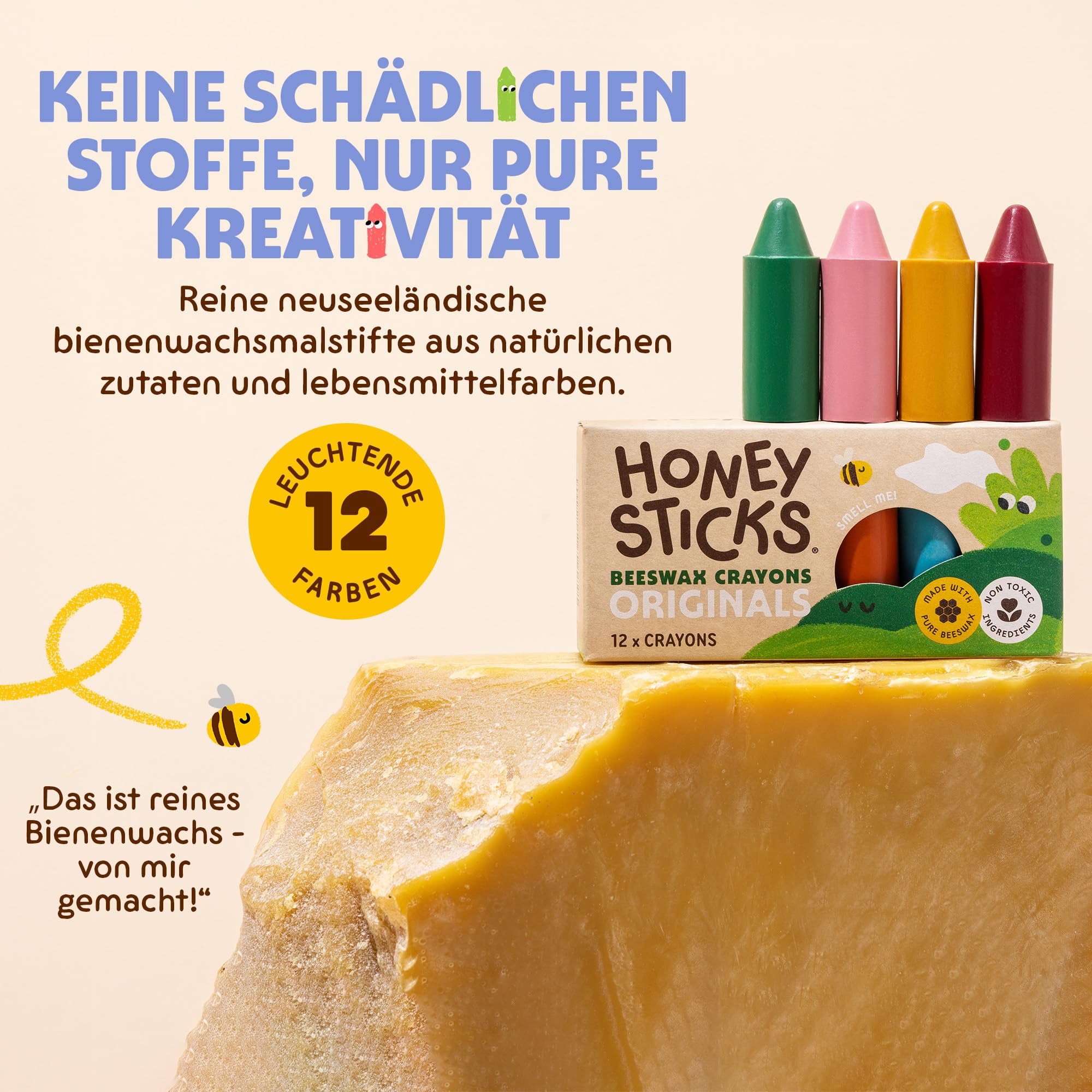 Honeysticks Wachsmalstifte (12er-Pack) - Ungiftige Babymalstifte aus Natürlichem Bienenwachs, Wachsmalstifte Ab 1 Jahr, Leicht zu Greifende Buntstifte Baby, Umweltschonend und Kleinkindfreundlich