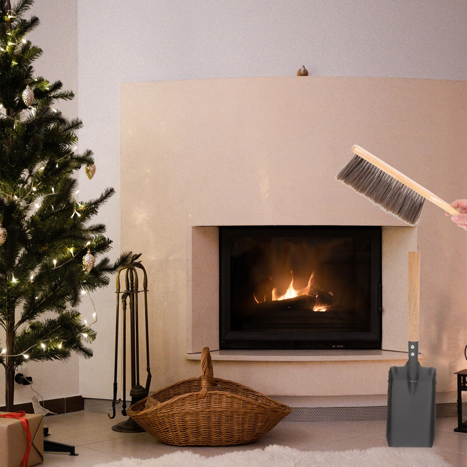 VALICLUD Set Attrezzi per Caminetto Pala per Cenere, Spazzola in Silicone e Spolverino, Manico in Legno Allungato per Pulizia Domestica e Rimozione Polvere Facilmente Riponibile