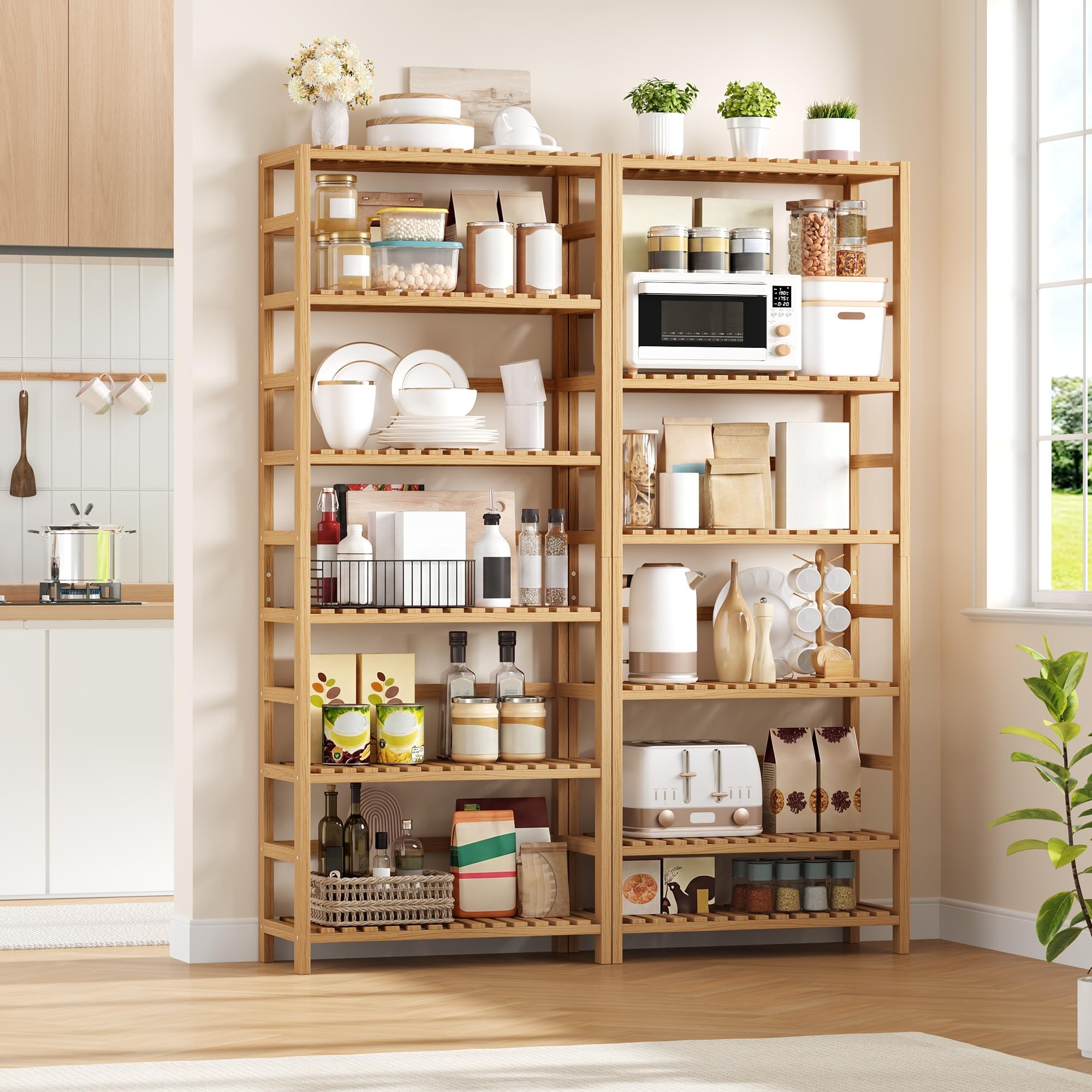 FOREHILL Estantería Bambú Baño de 6 Niveles, Estanterías Almacenaje Cocina | Eestantería Baño, Estantería de Almacenamiento, para Espacios Estrechos, 11 Posiciones Ajustables, Natural/Blanco 60x26x161cm