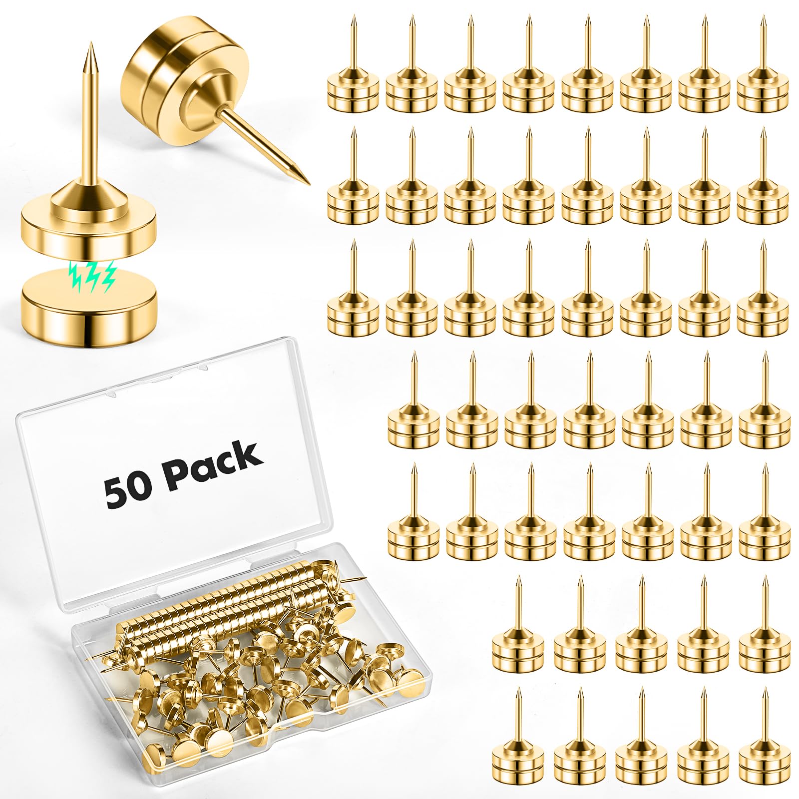Magnetische flache Reißzwecken, goldfarbene Magnetnadeln, flache Reißzwecken, niedliche Reißzwecken für Wand, goldene Reißnägel für Korktafel, Posteraufhänger für Pinnwand, 50 Sets