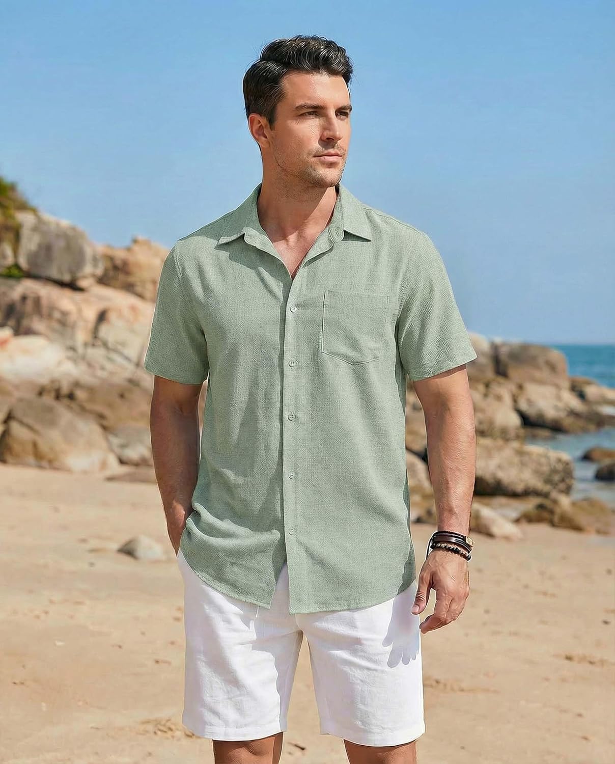 EKLENTSON Men's Button Down Shirts Short Sleeve Casual Summer Beach Shirt Textured Relaxed Tropical Shirt with Pocket - Image 3