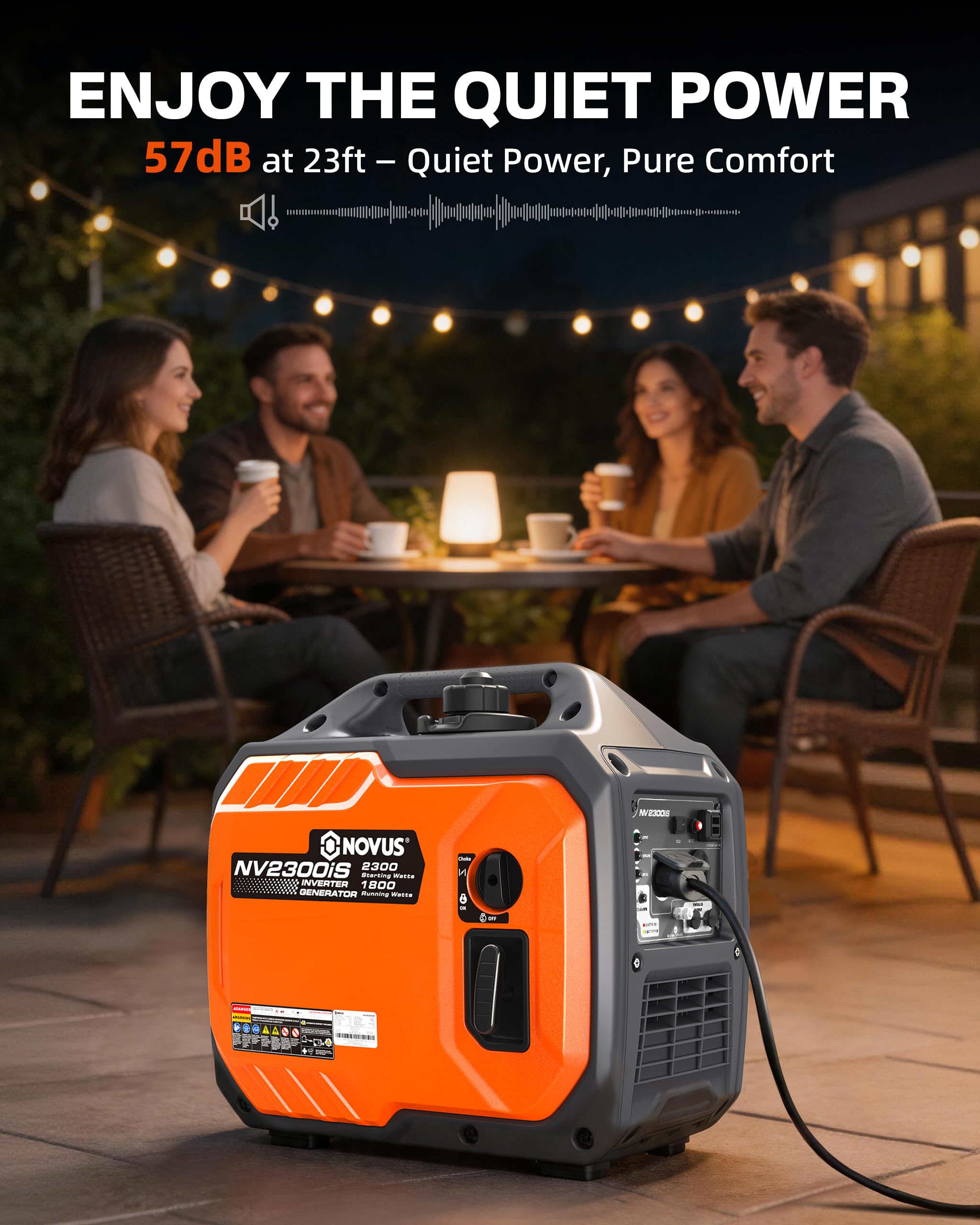 NOVUS - Generador Inversor Portátil Super Silencioso de 2300 Vatios, Sensor CO, Gasolina, Pequeño Generador para Campamento y Respaldo de Energía, Toma USB, Capacidad Paralela