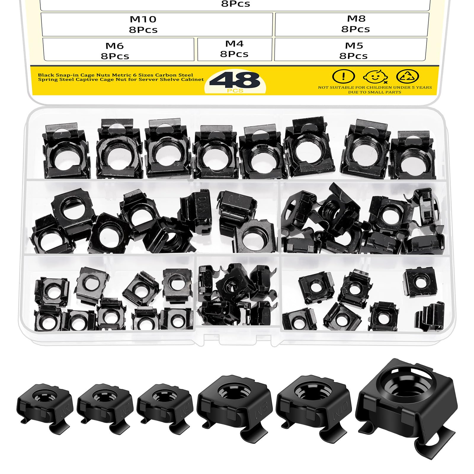 Mardatt 48Pcs Snap-in Cage Nuts Assortment Kit, M4 M5 M6 M8 M10 M12 Carbon Steel Zinc Plated Metric Cage Nuts Clip-On Nuts, Rack Nuts, Rack Mount Clip Nuts for Shelve Cabinet, Black