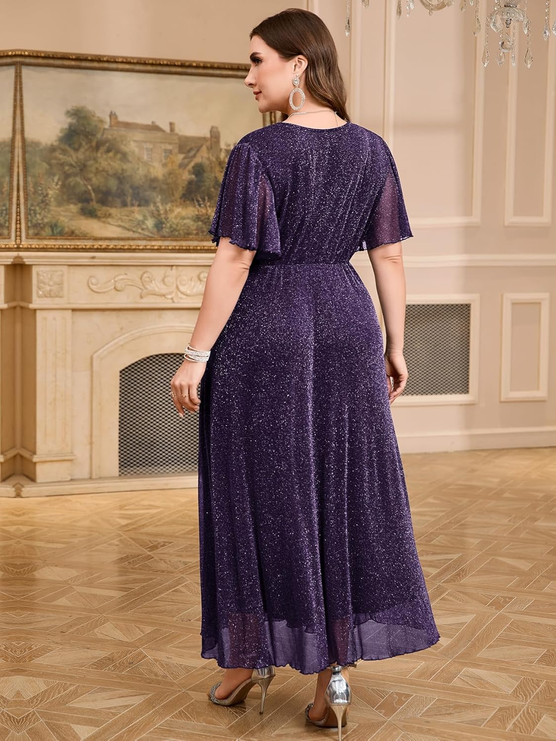 ZOMVA Plus Size Sparkly Maxi Dress V-Neck Wrap Ruffle Sleeve A-Line Glitter Gown Wedding Guest Cocktail Evening Party