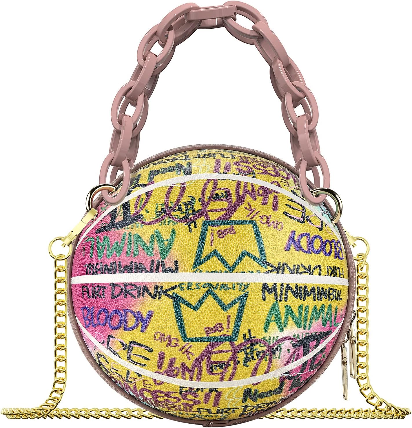 Linkidea Mini Basketball Shaped Purses for Women, Graffiti Letter Girls Small Cute Round Bag, Fashion Vegan Leather Shoulder Crossbody Messenger Handbag (Pink)