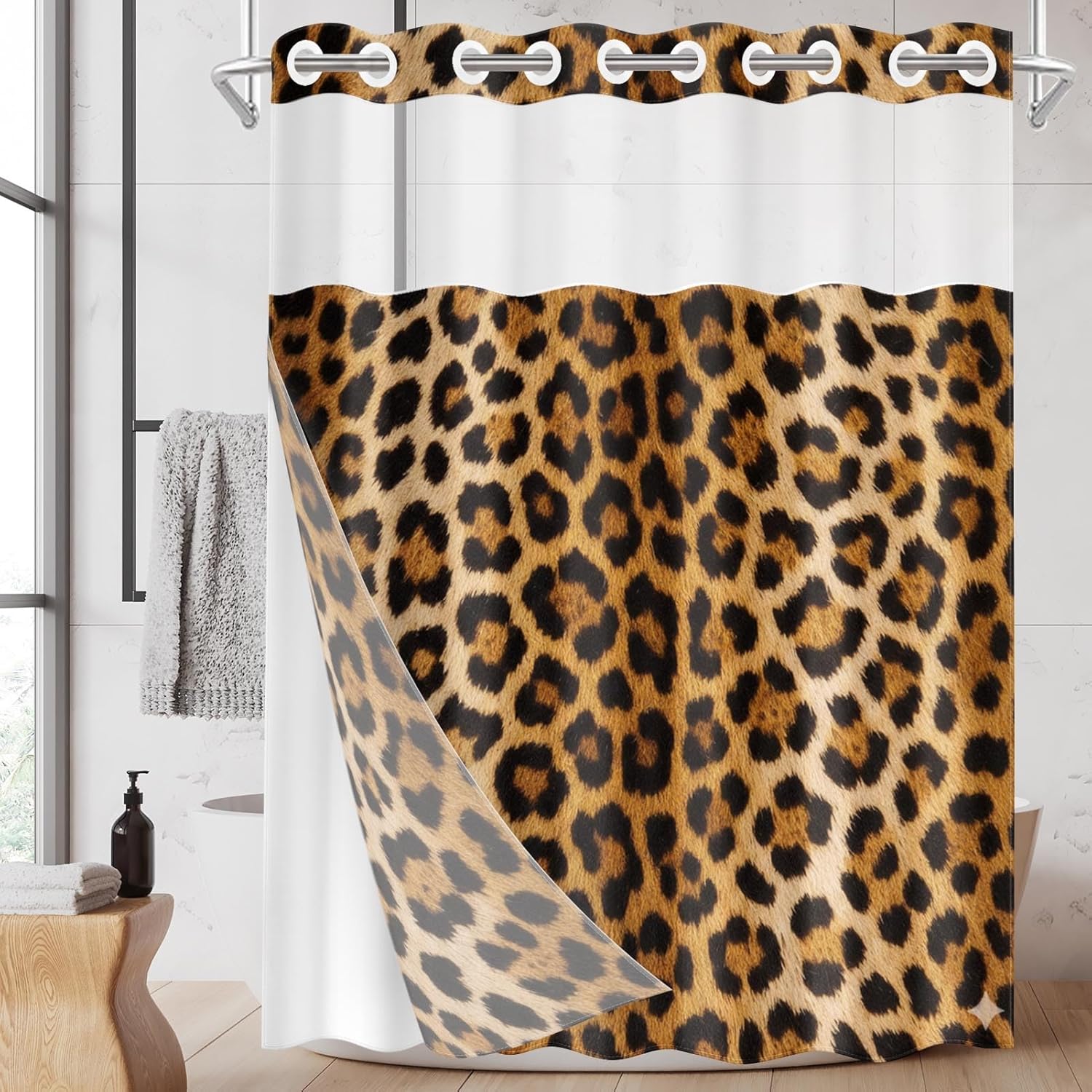 No Hook Leopard Print Shower Curtain with Snap in Fabric Liner Set, Brown Cheetah Modern Animal Double Layers Waterproof Fabric with See Through Top Window Bath Curtain 71x74 Inch