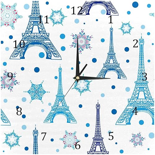 relojes de pared azul París Torre Eiffel copo de nieve funciona con pilas reloj numérico para dormitorio, sala de estar, cocina, oficina, decoración