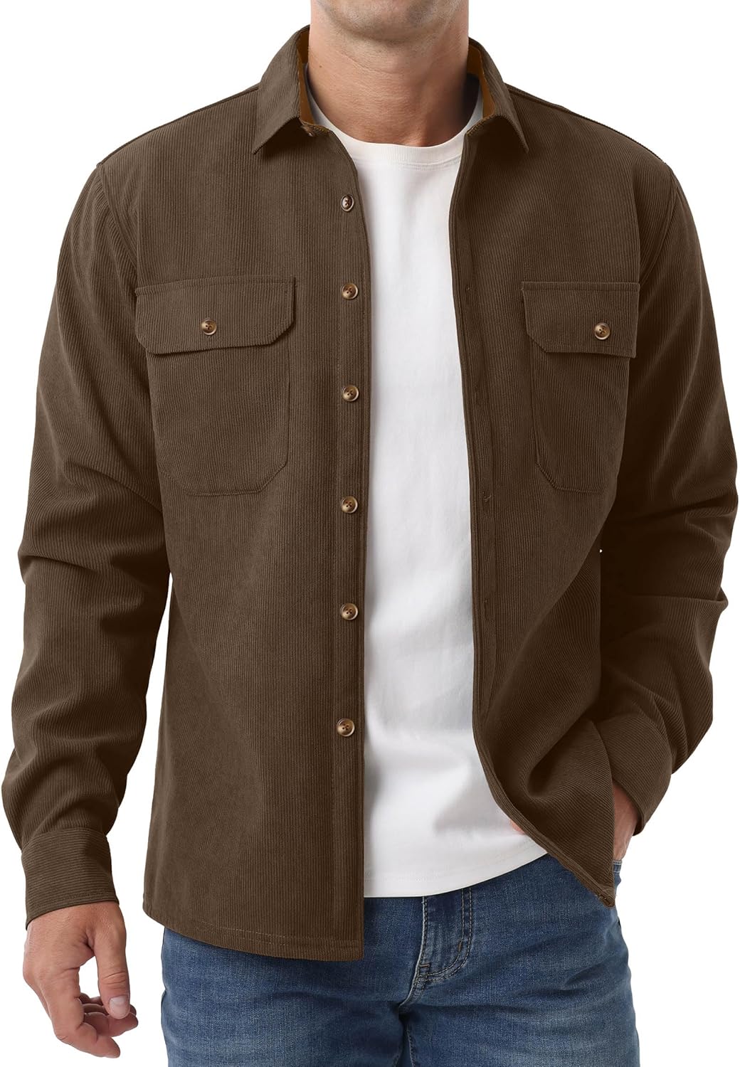 Askdeer Men's Casual Shirts Fleece Corduroy Button Down Shirts Chunky Warm Long Sleeve Jacket with Flap Pockets