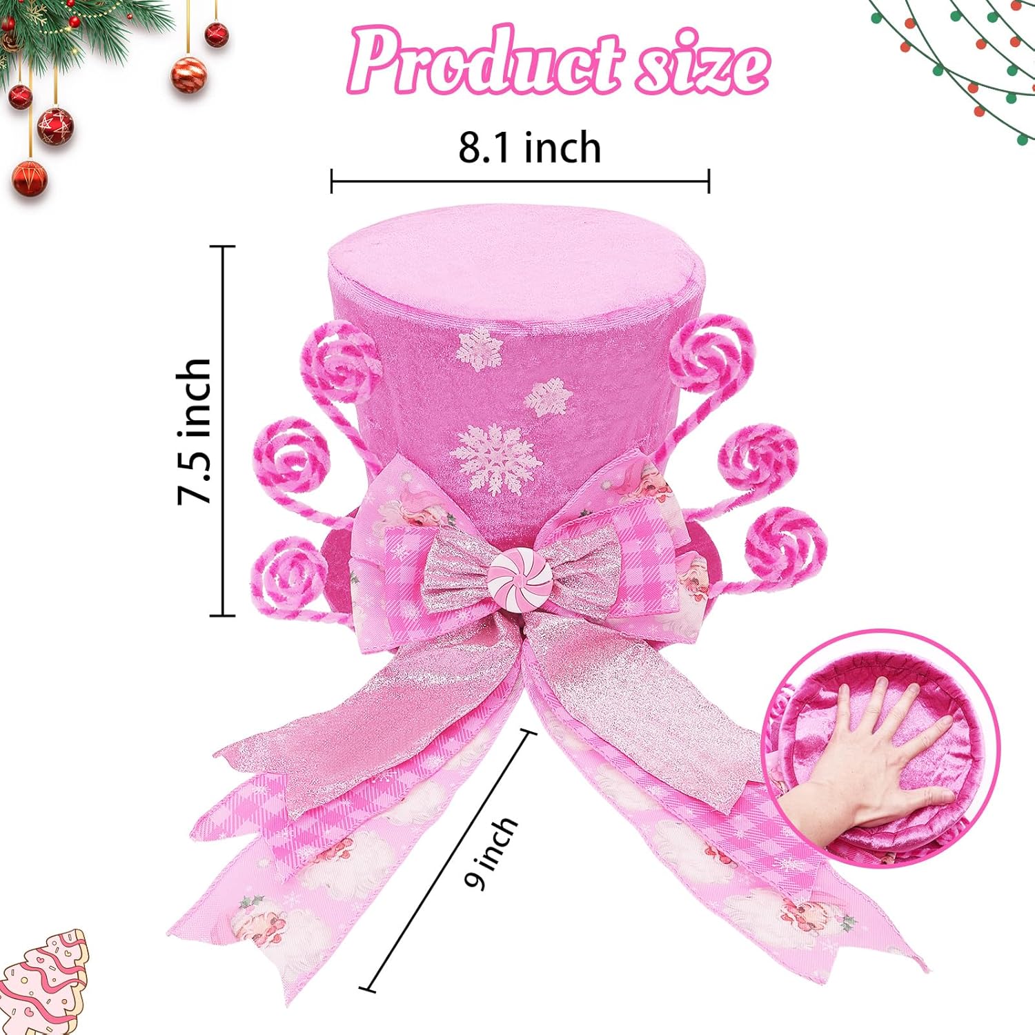 Christmas Tree Topper Hat with Bow, Candy Cane Velvet Top Hat Ornament with Pre-Tied Pink Wired Bow, Winter Holidays Xmas Decor for Home Decoration