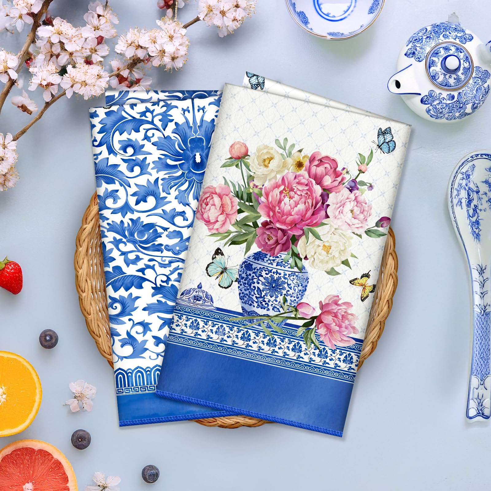 Arquiel Floral Microfiber Kitchen Towel 2Pcs, 40 × 60 cm Soft Absorbent Tea Towels - Image 2