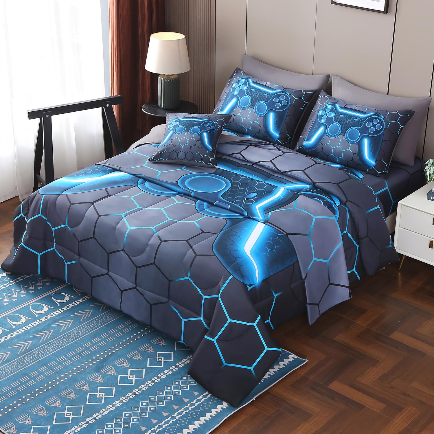 JQinHome Twin Gamer Comforter Set 6 Piece Bed in A Bag for Boys,3D Video Game Bedding -All Season Soft Microfiber Down Alternative Comforter Gamer Bedding Sets for Kids