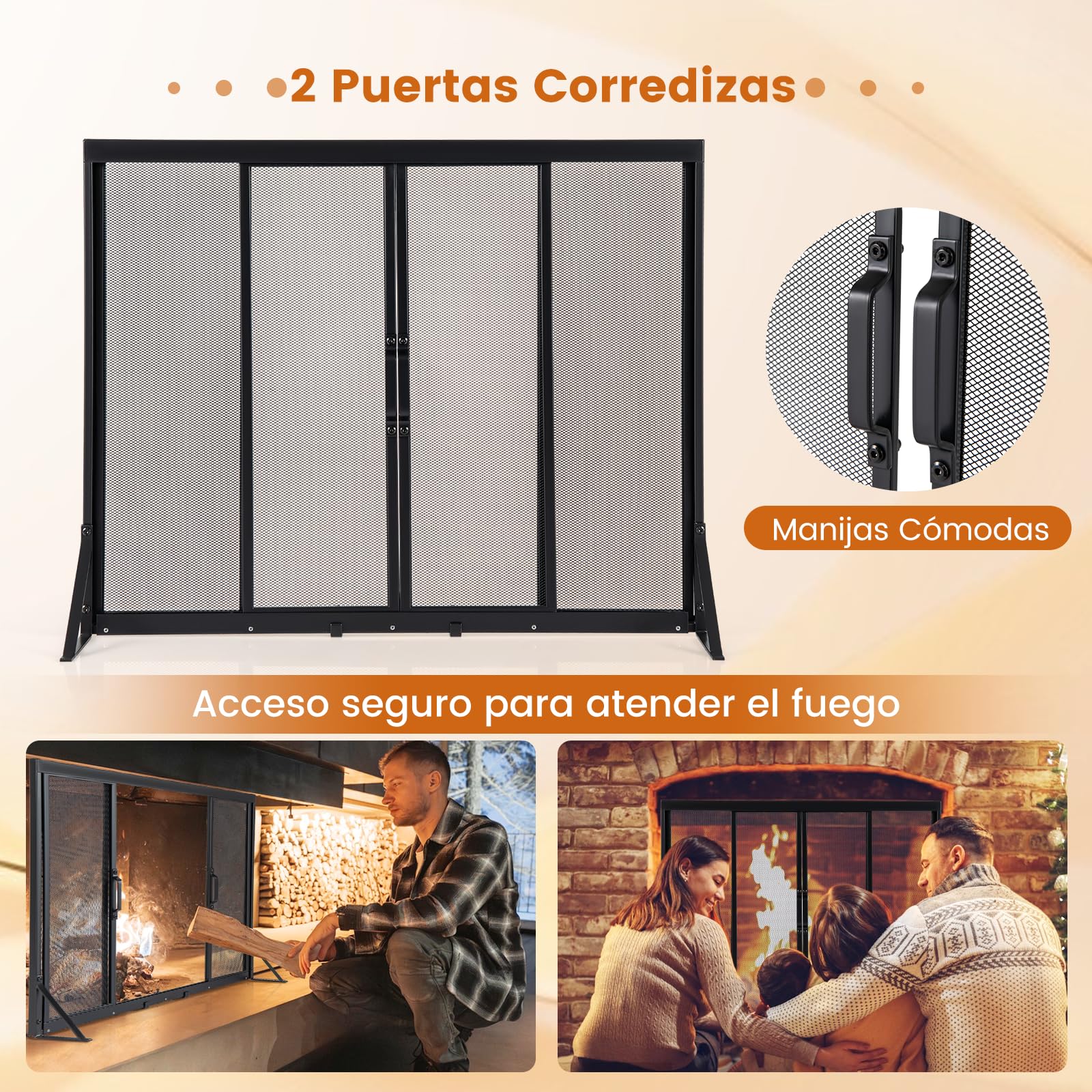 GOPLUS Pantalla para Chimenea de Metal, Mampara de Chimenea con 2 Puertas Corredizas y Manijas, Pantalla contra Chispas con Patas de Soporte Triangulares y Malla Metálica Densa (89 x 72cm)