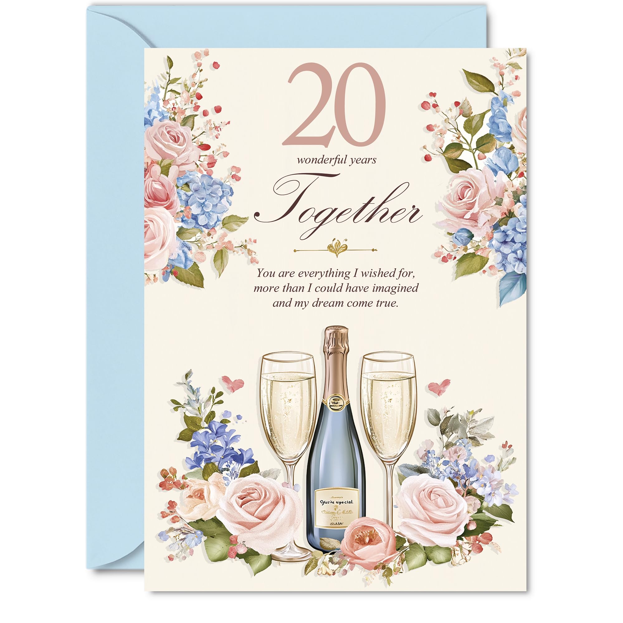 20th Anniversary Card for Women and Men, Floral Champagne
