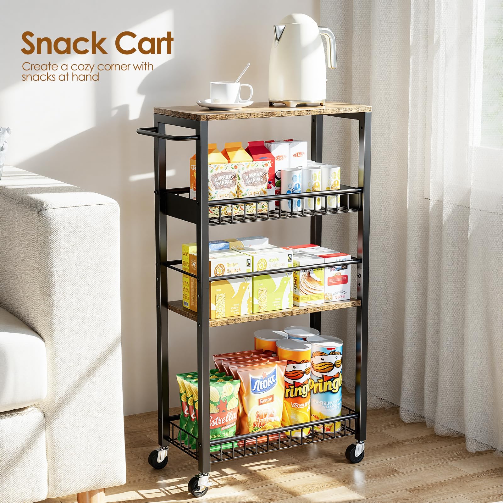 Chariot de Rangement Étroit à roulettes, Petit Chariot à 4 Niveaux avec Poignée, Profondeur 9,1 Pouces, Hauteur Réglable, Étagère Mobile pour Cuisine, Salle de Bain, Buanderie, Noir + Marron