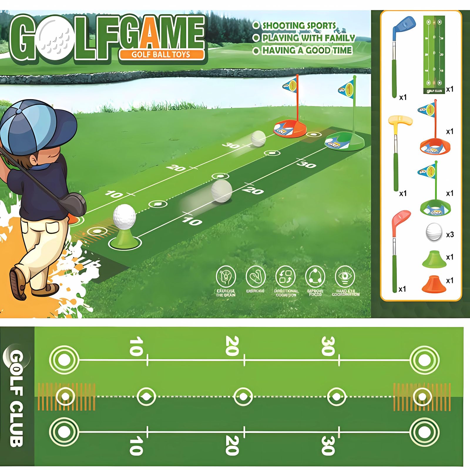 Club Golf Enfant, Toddler Golf Set, Mini Golf Game, Clubs de Golf Rétractables Faciles à Transporter, Tapis de Putt, Jouets Sportifs D'intérieur et D'extérieur pour Garçons et Filles