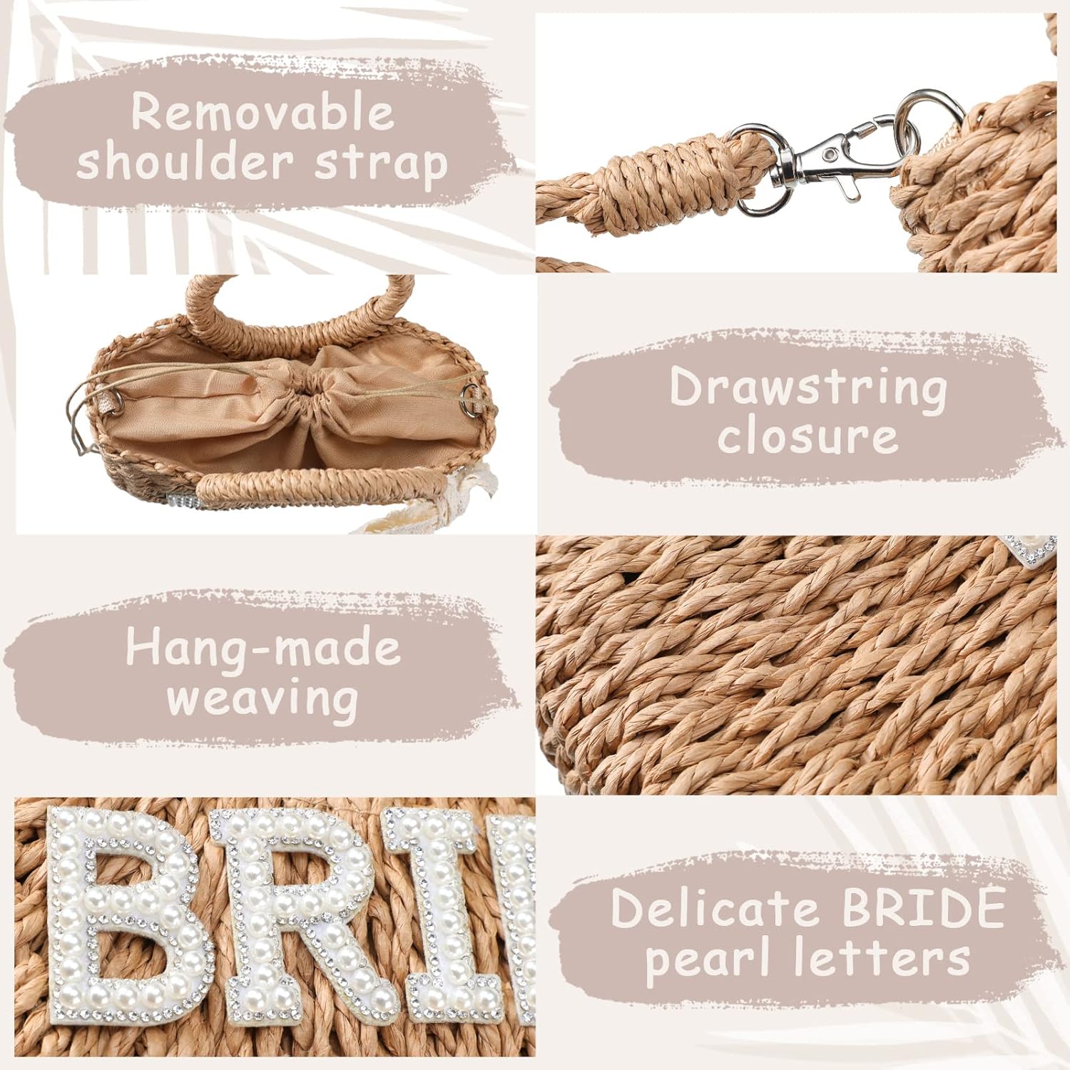 Pinkunn Bride Gift Bride Straw Purse Mrs Handwoven Bag Rhinestone Letter Bag Bachelorette Honeymoon Wedding Bridal Shower - Image 5