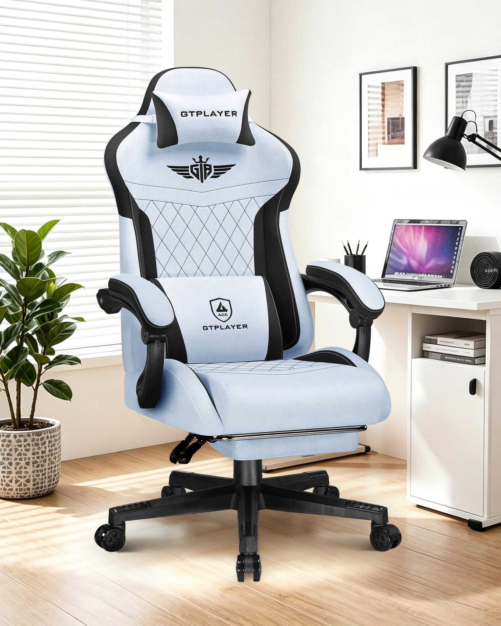 GTPLAYER Gaming Chair with Footrest, Big and Tall Game Chair High Back Computer Office Chair with Lumbar Support for Adults, Ergonomic Swivel Games Chair with Cushion Gaming, Fabric Light Blue