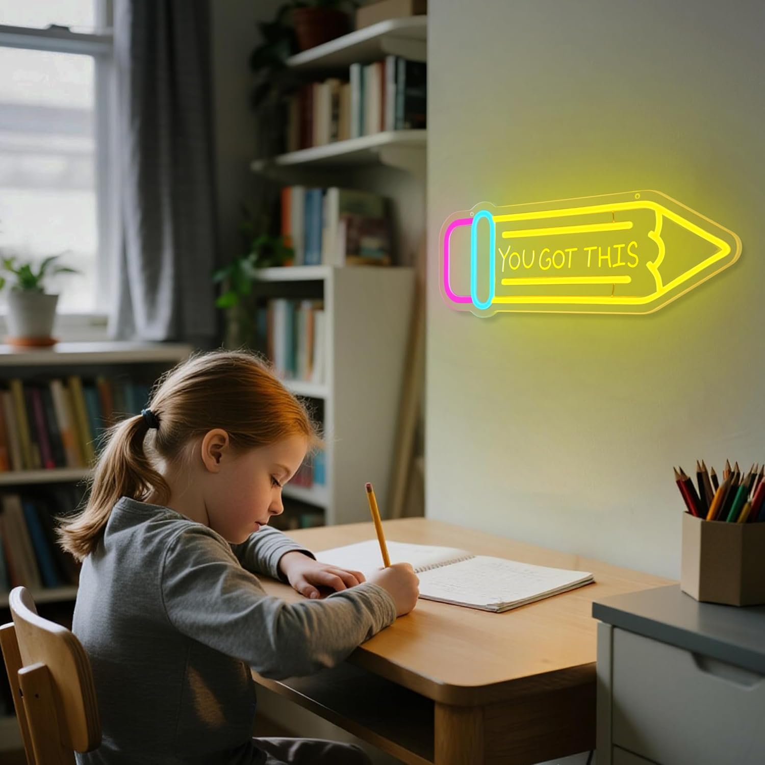Pencil Neon Sign Dimmable Motivational Led Neon Light for Wall Decor USB Powered LED Sign for Inspirational Classroom Office Library Kids Wall Art Bedroom Classroom Backdrop Sign