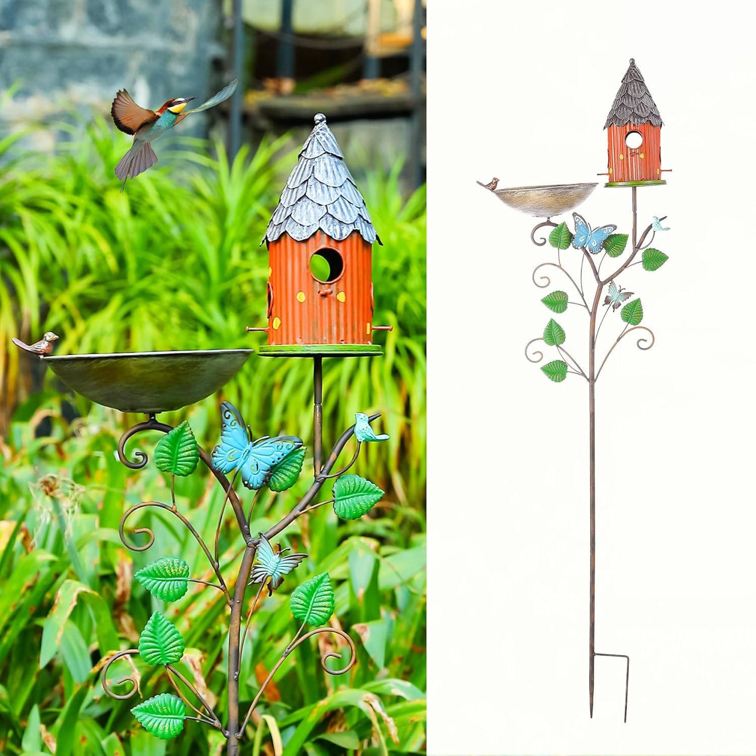 62.4" Metal Bird Houses for Outside with Pole, Bird Baths and Bird Houses for Outdoor, Birdhouses with Stake, 2-in-1 Garden Yard Garden