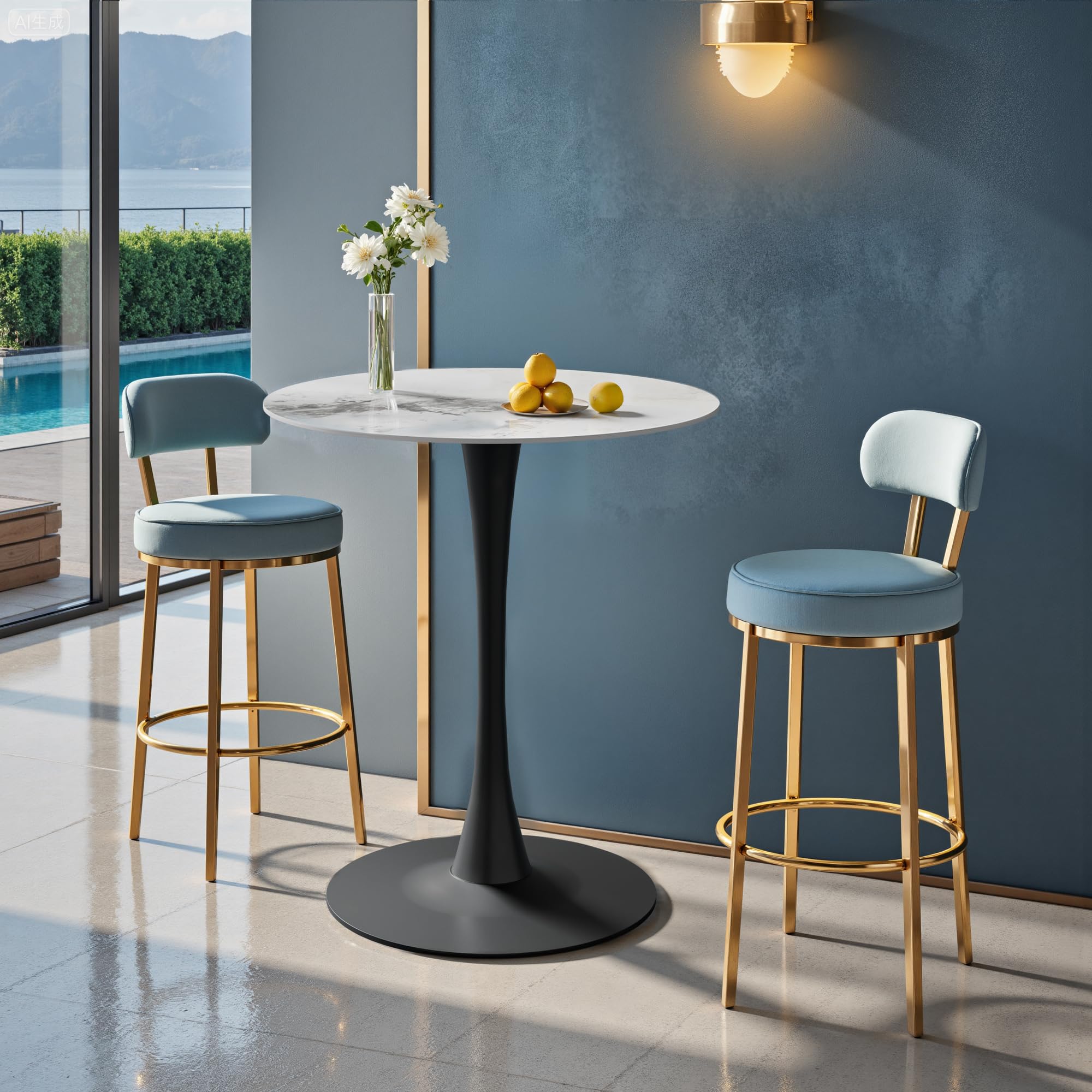 FATIVO 100cm Tall Bar Table, Diameter 76cm Rich Texture White Marble Breakfast Bars Table with Sturdy Black Base Kitchen Round Bar Tables for Home, Coffee Shop & Office