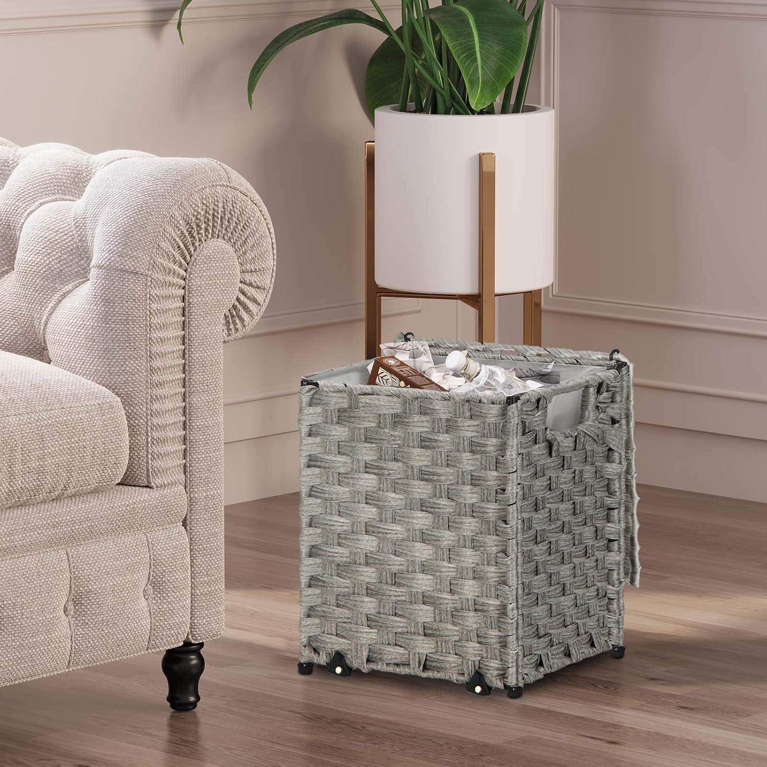 GREENSTELL Waste Basket with Lid and 4 Replaceable Liners, Hand Woven Basket with Handles, Home Office Paper Wastebasket, Garbage Container Bin for Bedroom, Bathroom, Utility Rooms Pack of 2, Grey