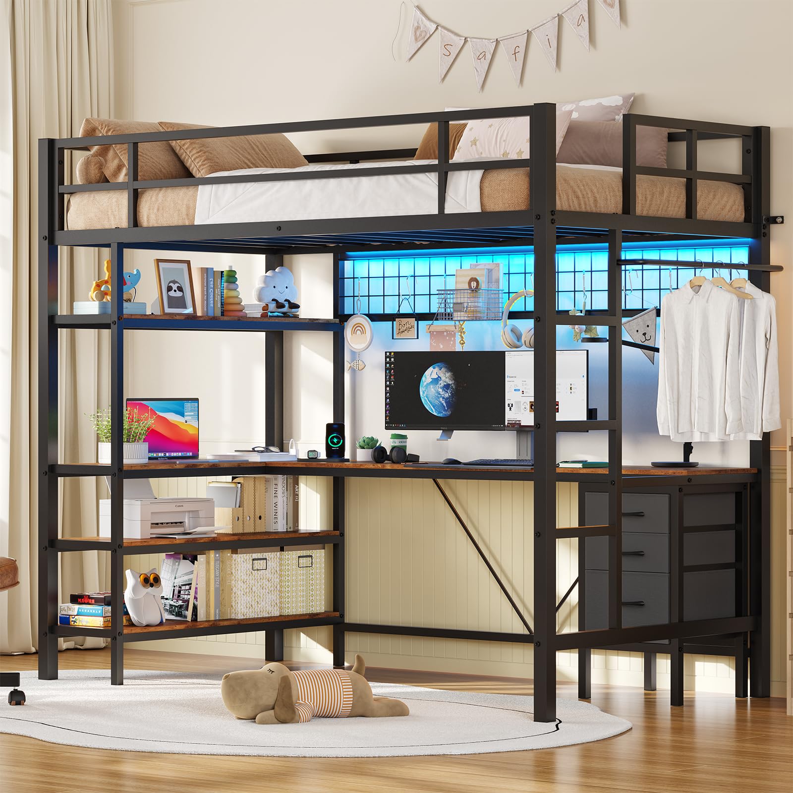Loft Bed Twin Size with L-Shaped Desk and Storage Shelves, Metal Loft Bed Frame with Power Outlet, LED Lights, 3 Fabric Drawers, Metal Mesh, Space-Saving, No Box Spring Needed, Black
