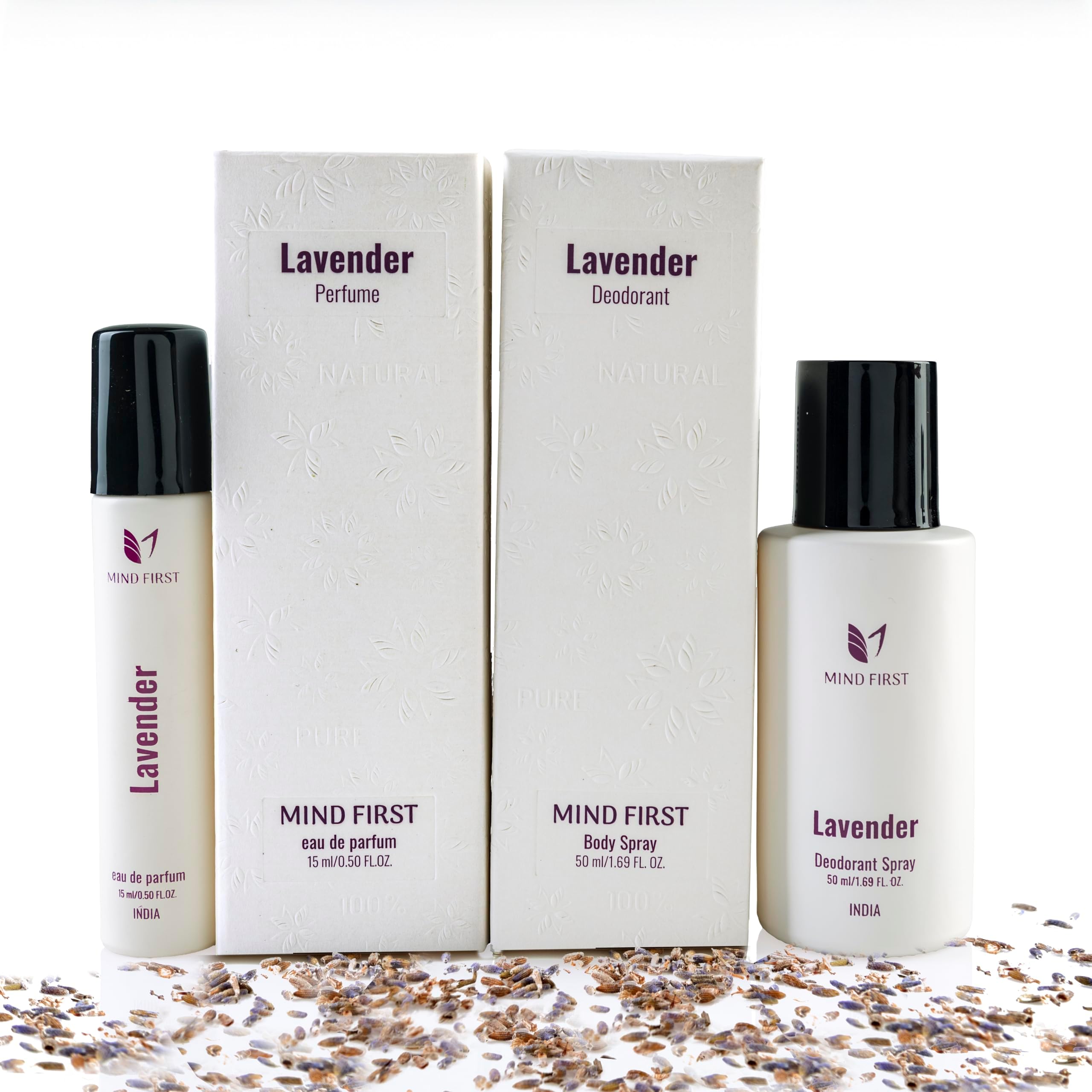 Mind First Luxury Lavender Perfume & Deodorant Combo | Unisex Eau De Parfum 15ml + Deo 50ml | Natural Essential Oil Fragrance | Long-Lasting Perfume for Man & Women I Stress Relief & Calming Scent | Premium Gift Set for Men & Women