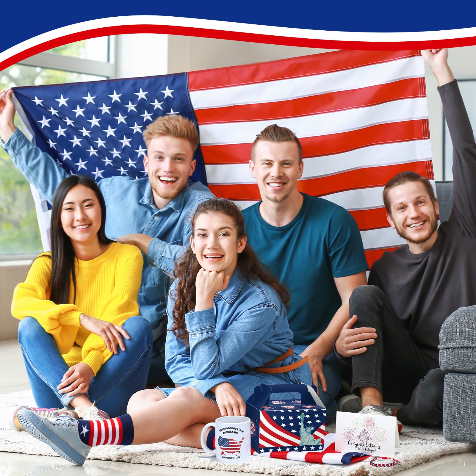 Skylety 6 Pcs New US Citizenship Gifts American Flag Gifts Set with Citizen Coffee Mug American Flag Sock Bandana Bracelet Patriotic Gift Box with Handle Congratulations Card for Veterans