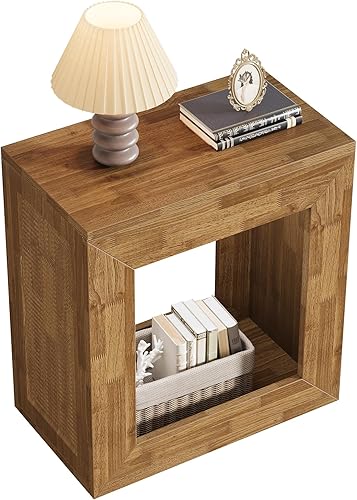 Miniatura 9 de Tribesigns Mesa auxiliar cuadrada, mesa auxiliar de madera de 2 niveles con base resistente, mesita de noche estrecha de granja con estante de