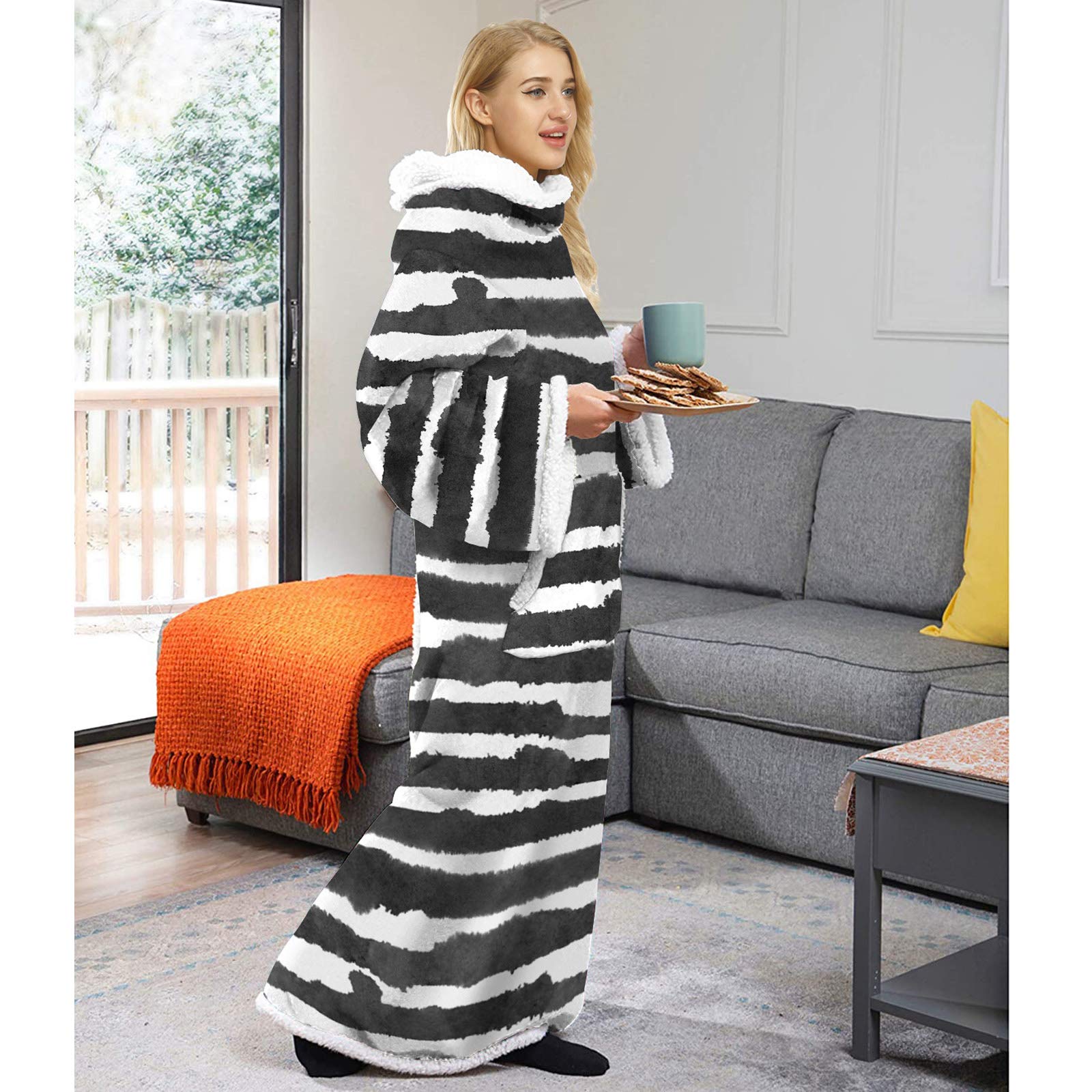 Manta Sherpa Ponible Para Adultos, Para Hombre Y Mujer Cómoda Y Calentita Manta Con Mangas, Manta Bata Para El Hogar, Bata Para Ver La Tele Manta De Sofá 001-One size