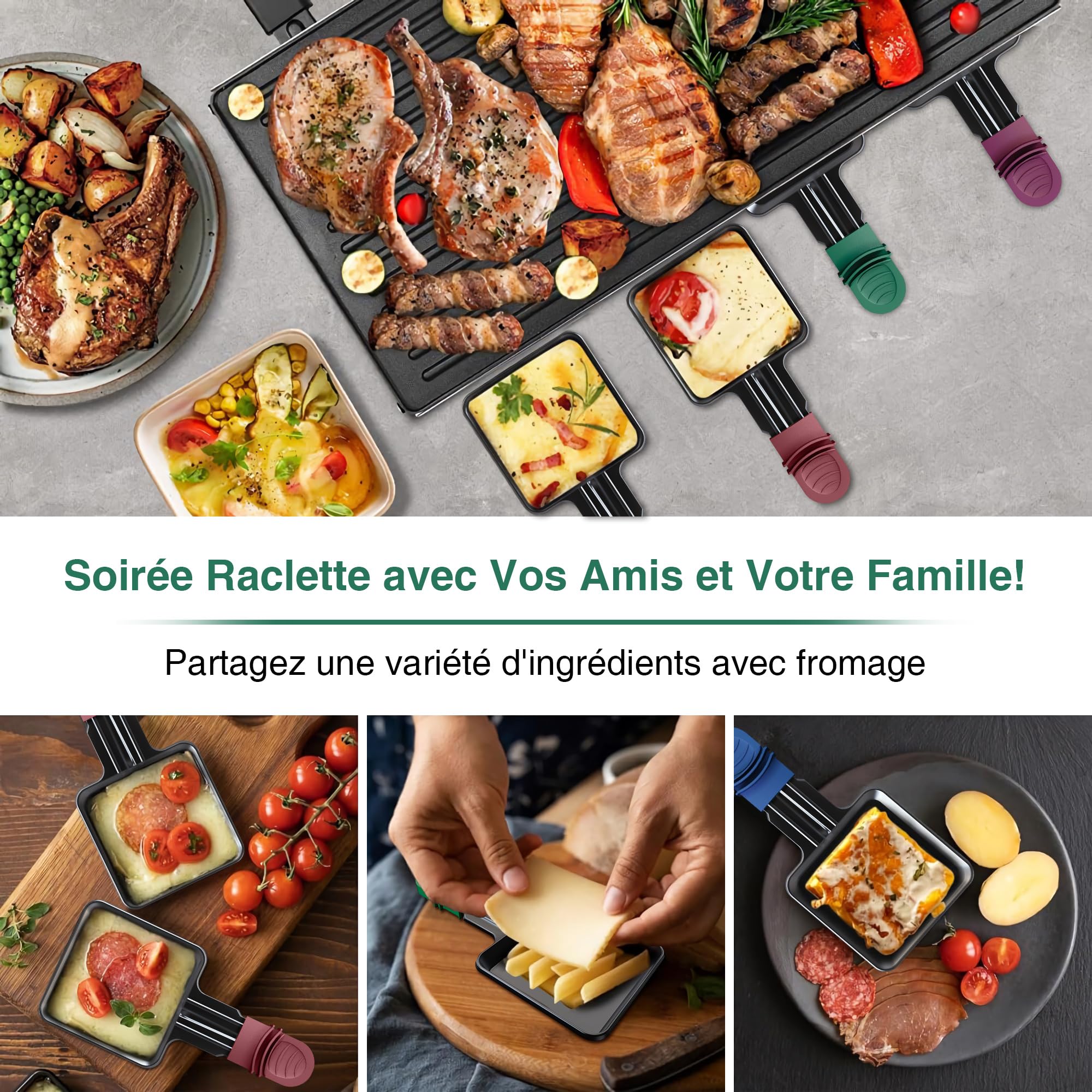 Yoassi 8 Pcs Poêlons Raclette Carré à Revêtement Antiadhésif,Mini Coupelle Raclette avec Poignées Colorées Anti-brûlures pour Fromage Fondu Oeuf Frit,8 Pcs Spatules Passés au Lave-vaisselle