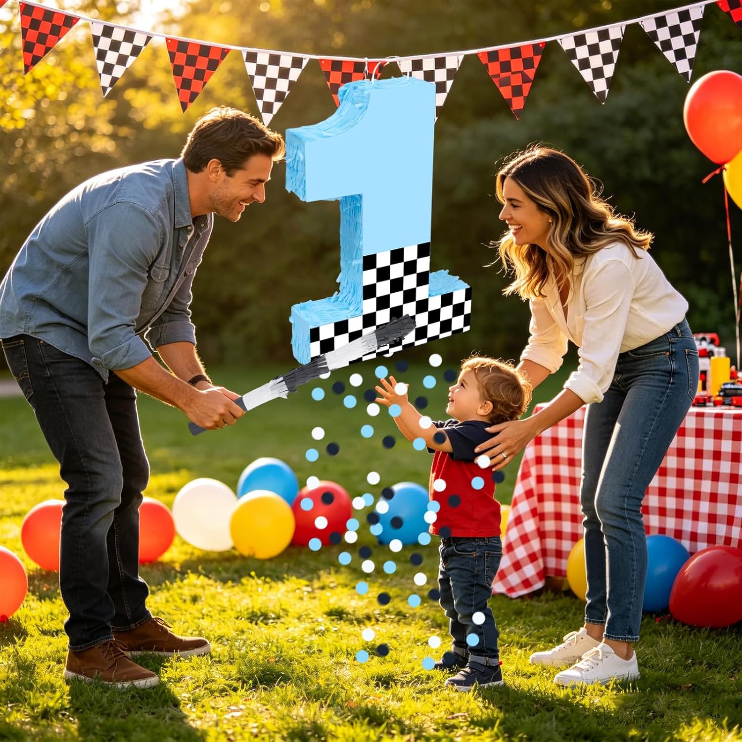 16" Number 1 Racing Car Pinata, Blue Black White Checkered Flag 1st Birthday Decorations, Racing Theme Pinata with Stick Blindfold Confetti for Baby Shower Boys Birthday Party