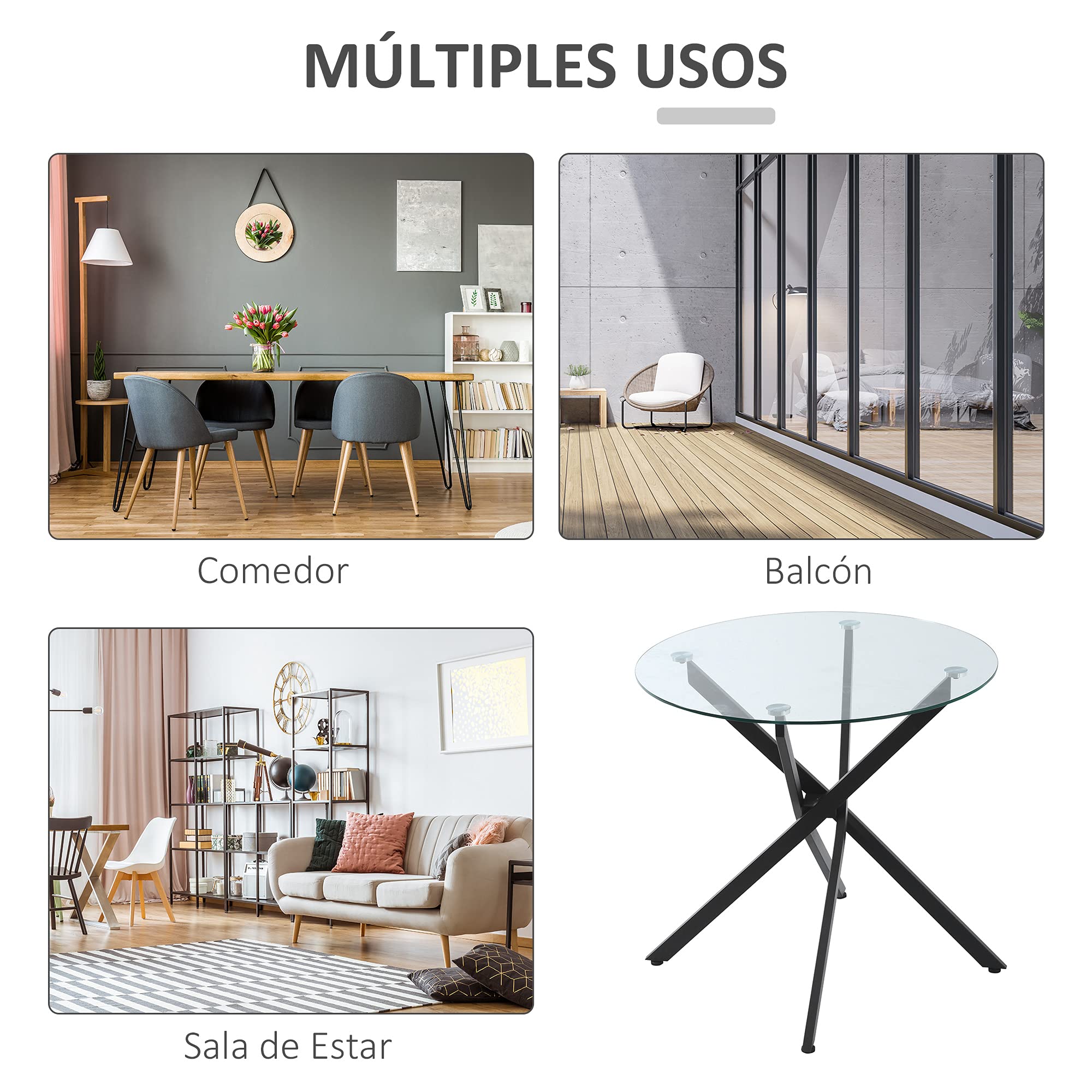 HOMCOM Mesa de Comedor Redonda con Cristal Templado Ø80x75 cm Negro | Encimera Transparente, Patas Cruzadas de Metal, Mesa de Centro Moderna, para Salón