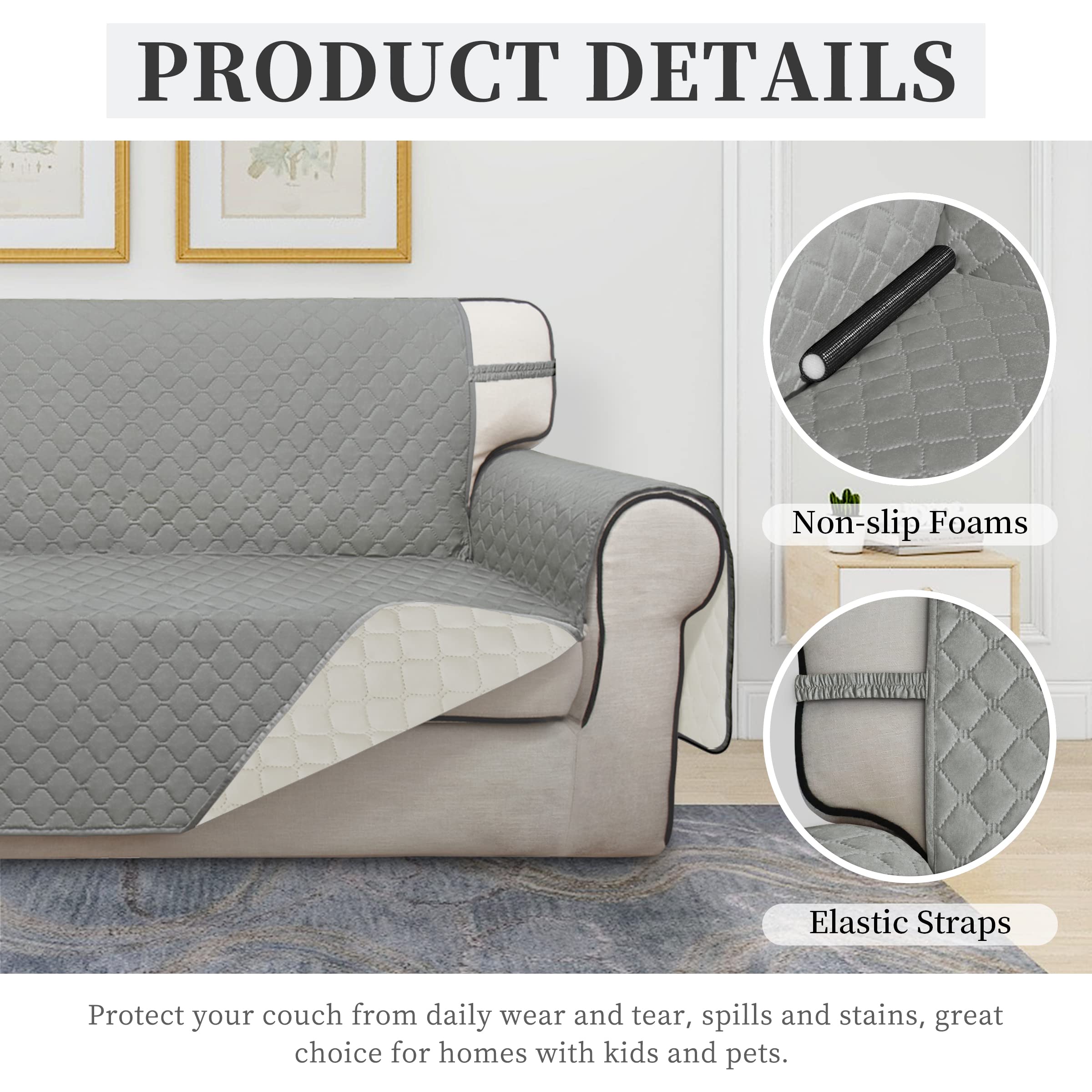 ISSUNTEX Double Protection 100% Waterproof Sofa Covers for Living Room, Reversible Couch Covers for 3 Cushion Couch Sofa, Furniture Protector Sofa Cover for Pets (X Large, Light Gray/Ivory)