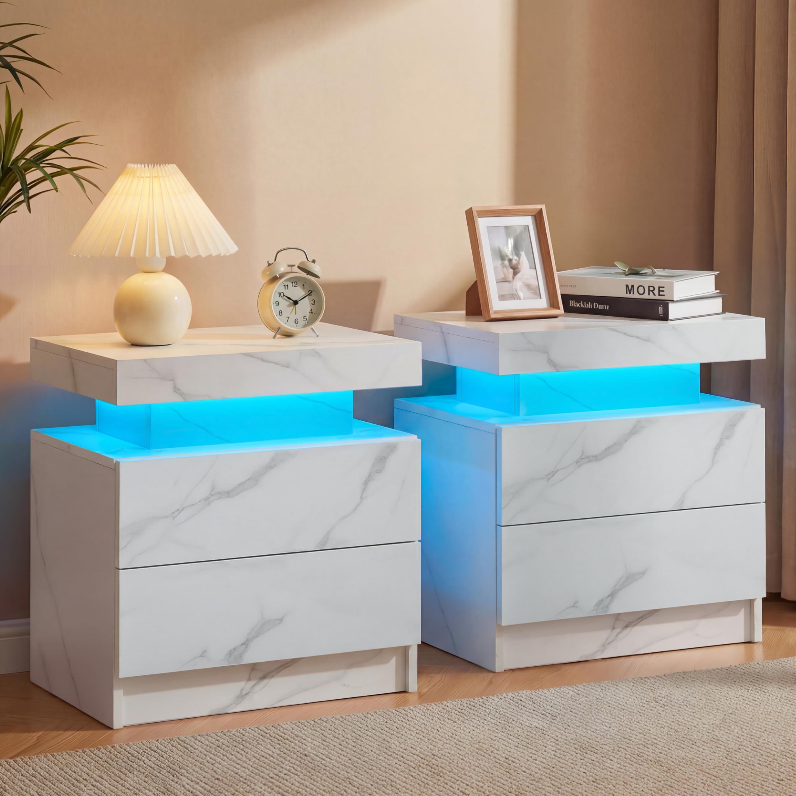 Cubehom Nachttisch mit LED Beleuchtung und 2 Schubladen – Moderner Nachtschrank/Beistelltisch für Schlafzimmer & Wohnzimmer, Hochglanz, 49×35×52 cm