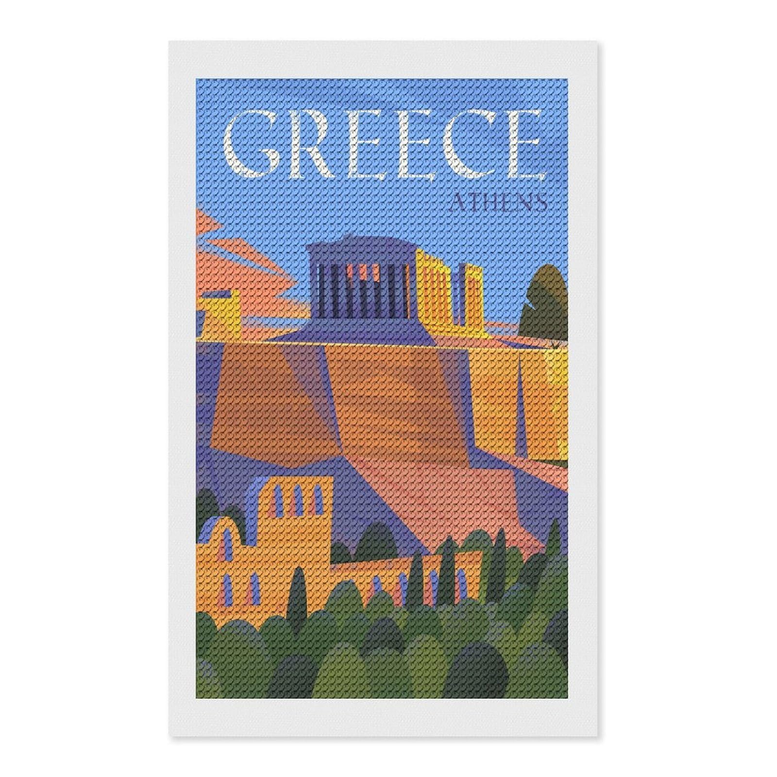 Junmoney Athens, Greece Illustration Diamond Art Canvas 12"x20", for Teens, Nice Detail and Sparkle, Farmhouse Decor, Festive Craft Gift, Easy to Enjoy