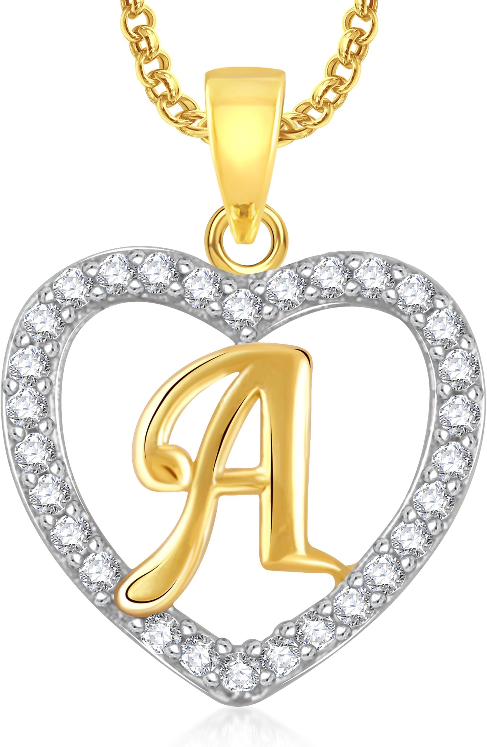 MEENAZ Valentine Gifts Gold Alphabet 'A' Letter Heart Pendant Chain for Men & Women (Gold)