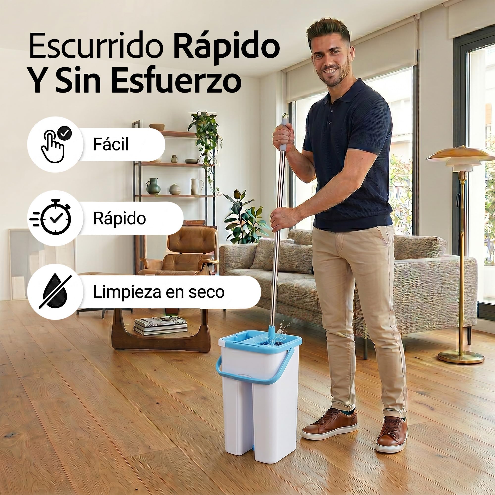 Mopa Fregar Suelo con Cubo Escurridor Sistema Limpieza Plano con Microfibra Absorbente Mango Giratorio 360 Limpieza Facil Sin Esfuerzo Hogar Suelos Cocina Baño Reutilizable