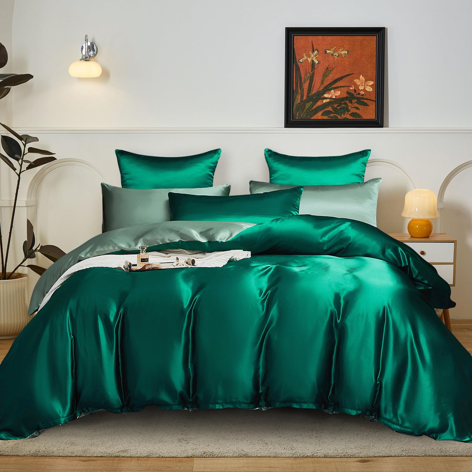 Parure de lit réversible en satin finie les cheveux emmêlés vert herbe
