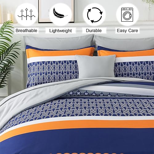 Miniatura 4 de Juego de edredón de 8 piezas de cama en una bolsa, tamaño King, edredón de rayas azules de retazos con sábanas, juego de ropa de cama bohemio de