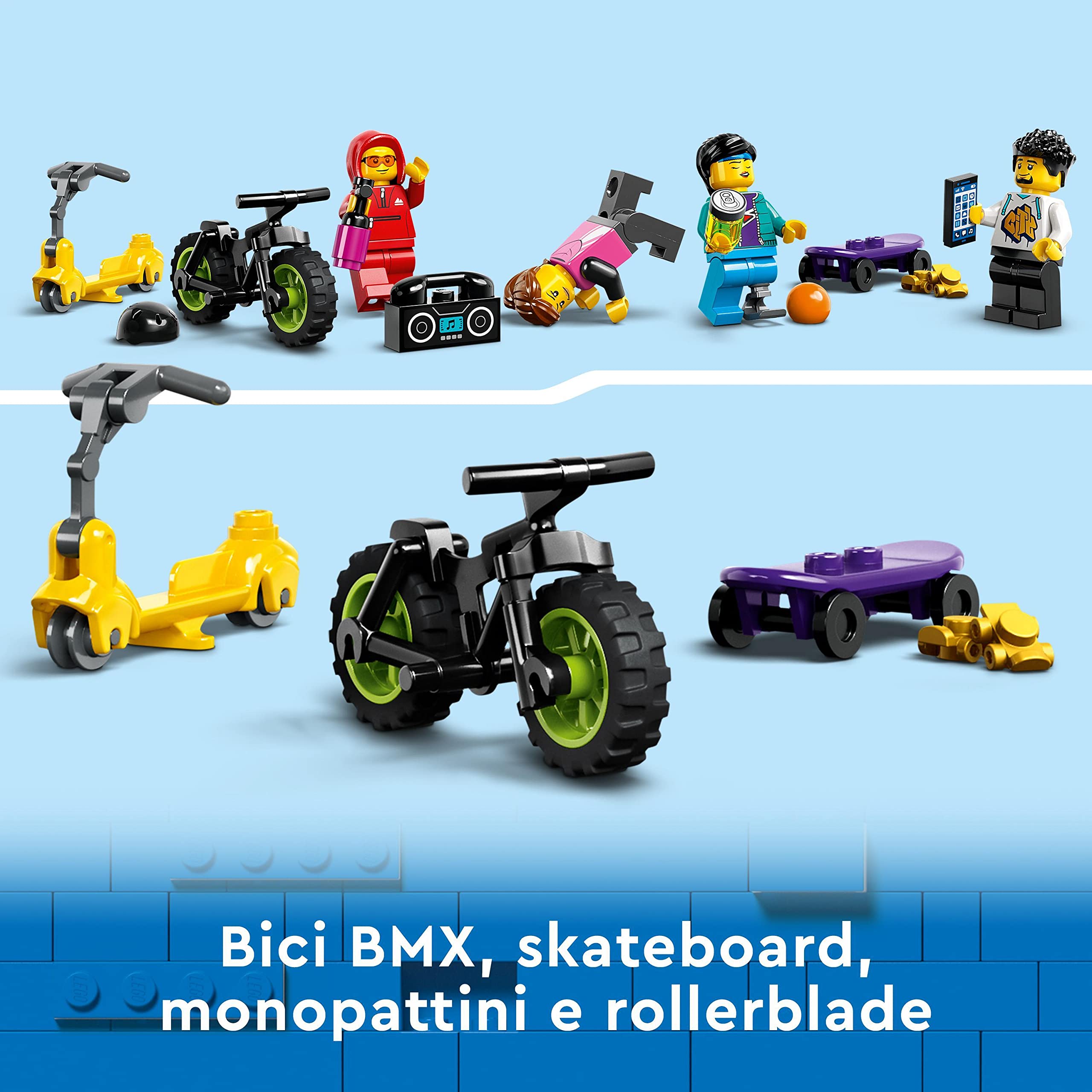 LEGO City Skate Park Urbano, Gioco per Bambini e Bambine da 6 Anni in su con Bicicletta BMX Giocattolo, Skateboard, Monopattino, Rollerblade e 4 Minifigure per le Acrobazie 60364